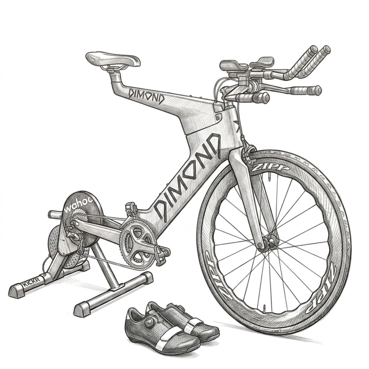 A Dimond time trial bike on a Wahoo KICKR trainer, with cycling shoes beside it