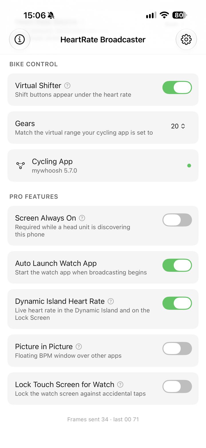 Bike Control settings: the virtual shifter on, a twenty-gear range, and MyWhoosh 5.7.0 connected.