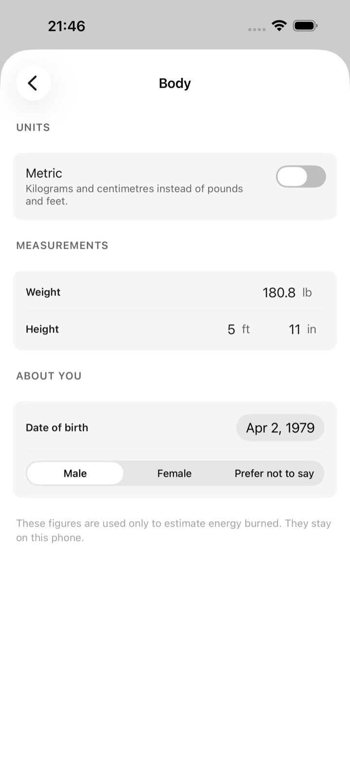 Body details: weight, height in feet and inches, date of birth and sex.