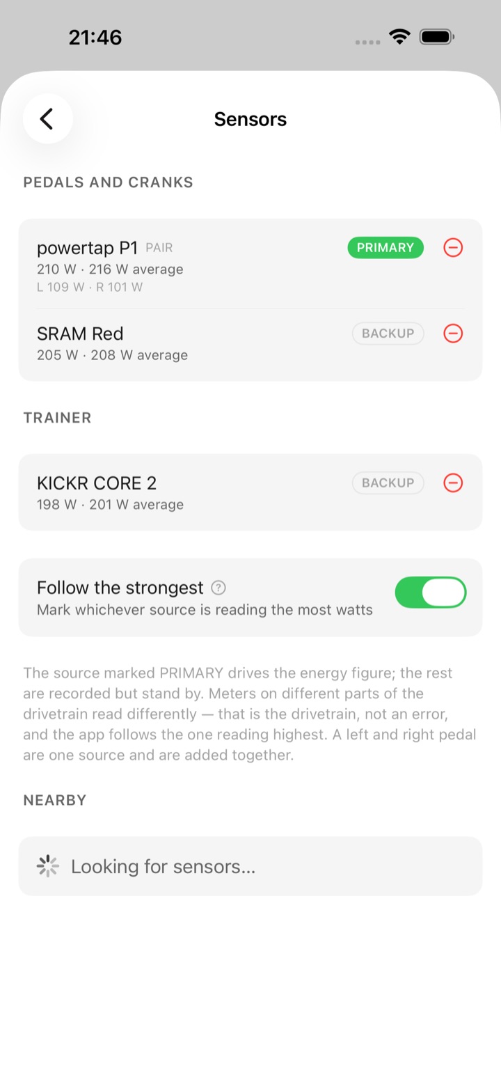 The Sensors screen: a PowerTap P1 pedal pair marked PRIMARY with its left and right readings under the total, a SRAM Red crank and a KICKR CORE 2 marked BACKUP.