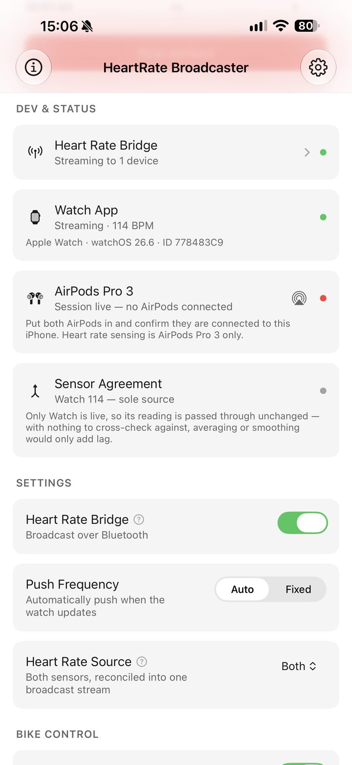 The status screen: the bridge streaming to one device, the watch at 114 BPM, AirPods not connected, and the sensor agreement row.