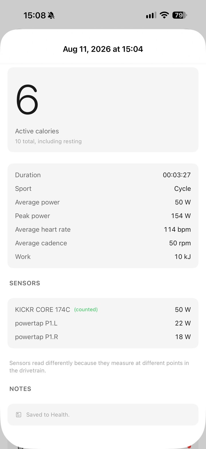 A finished session listing the trainer at 50 W marked counted, and the left and right pedals at 22 W and 18 W.