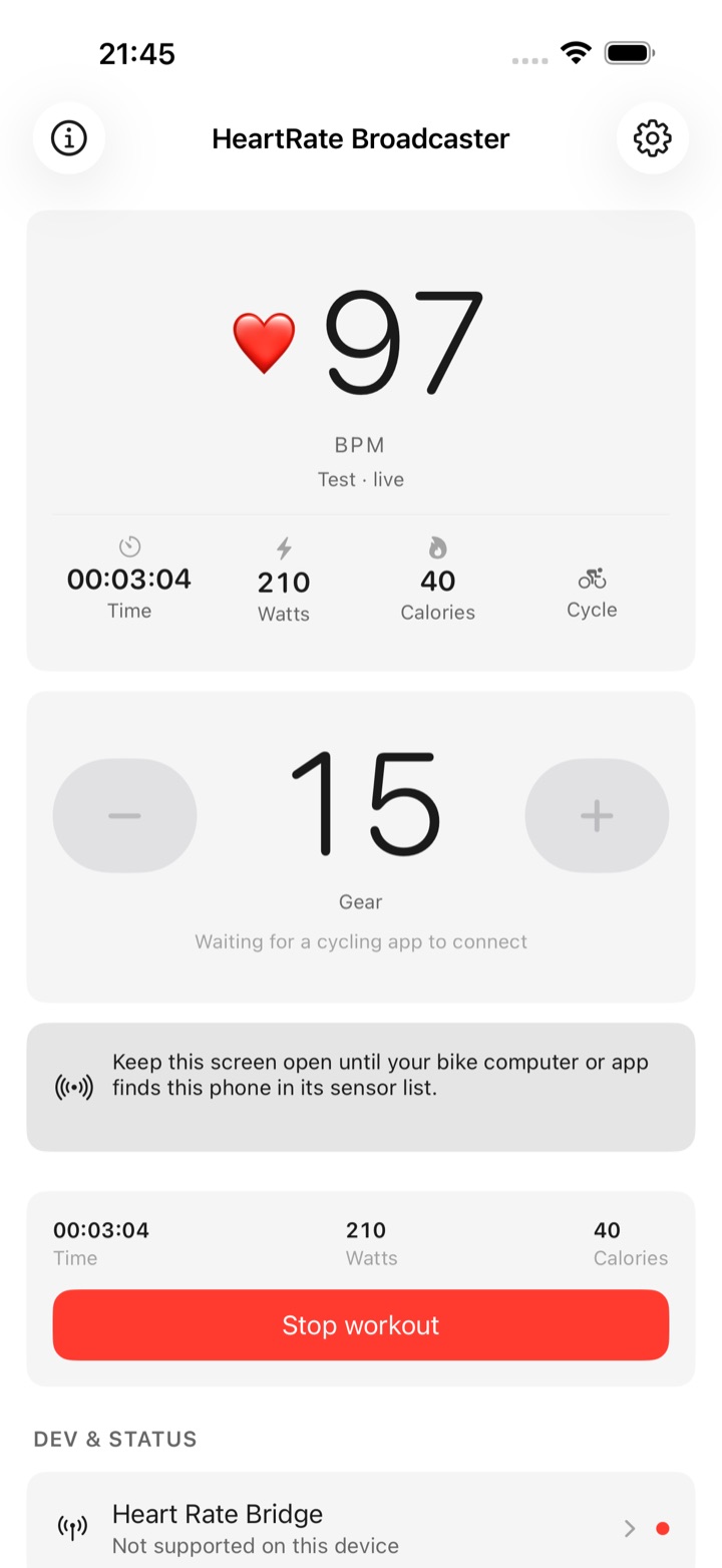 A ride in progress: heart rate, elapsed time, watts, calories and the sport, above the shift buttons and the current gear.