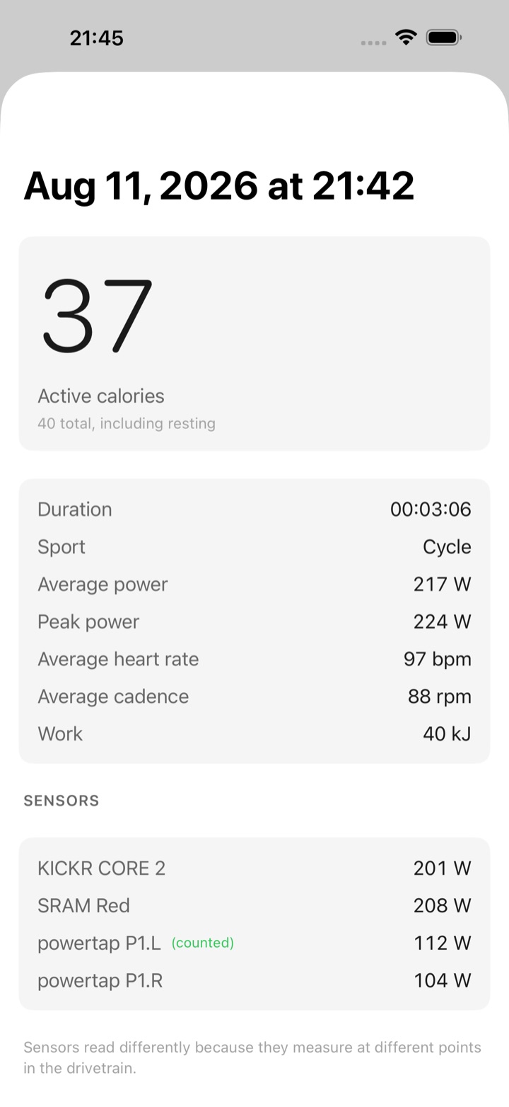A session summary: 37 active calories, 40 total including resting, 40 kJ of work, 217 W average, and four sensors with the PowerTap P1 pair marked counted.